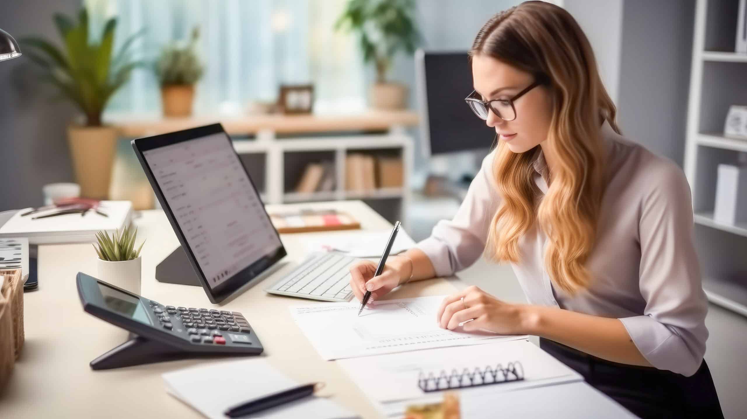 Female accountant working about financial with calculator at her office, Savings, Finances and economy concept.